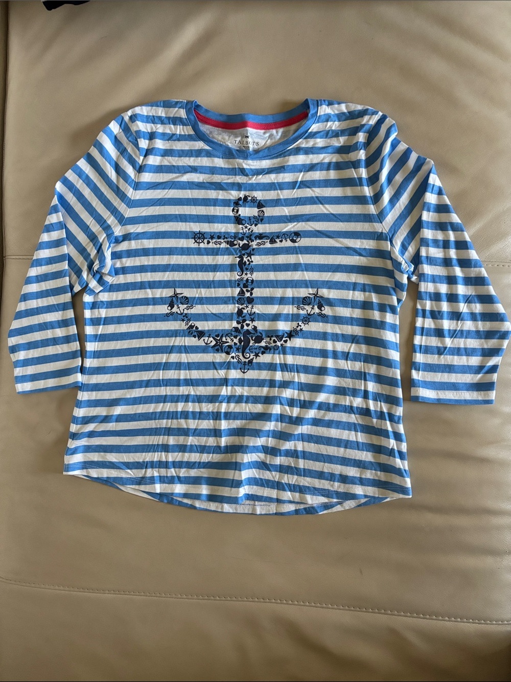 Talbots Blue & White Striped Anchor 3/4 Sleeve Top Coastal Marine